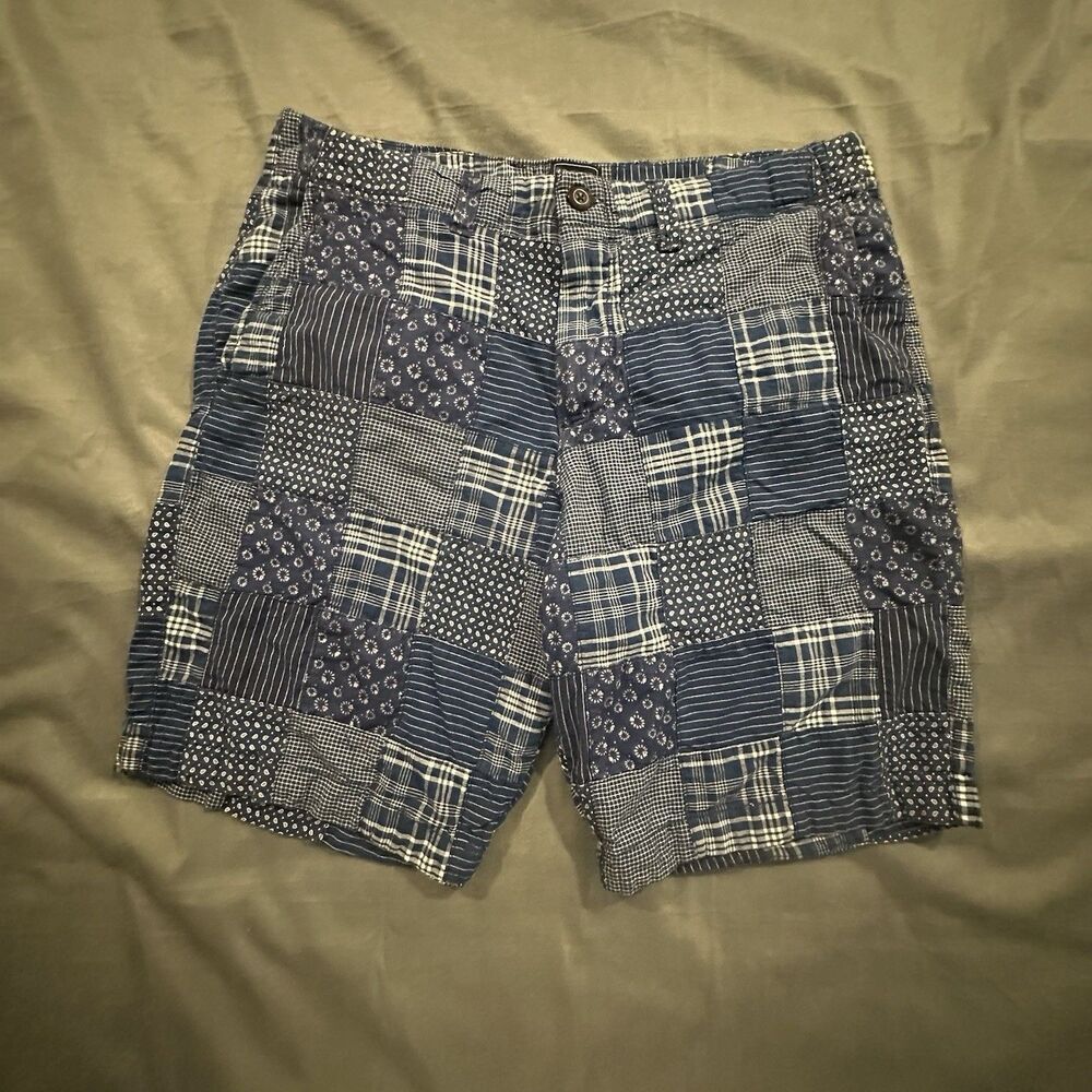 GapKHAKIS Lived In Shorts Madras Patchwork Plaid Mens 34 Blue Preppy Y2K